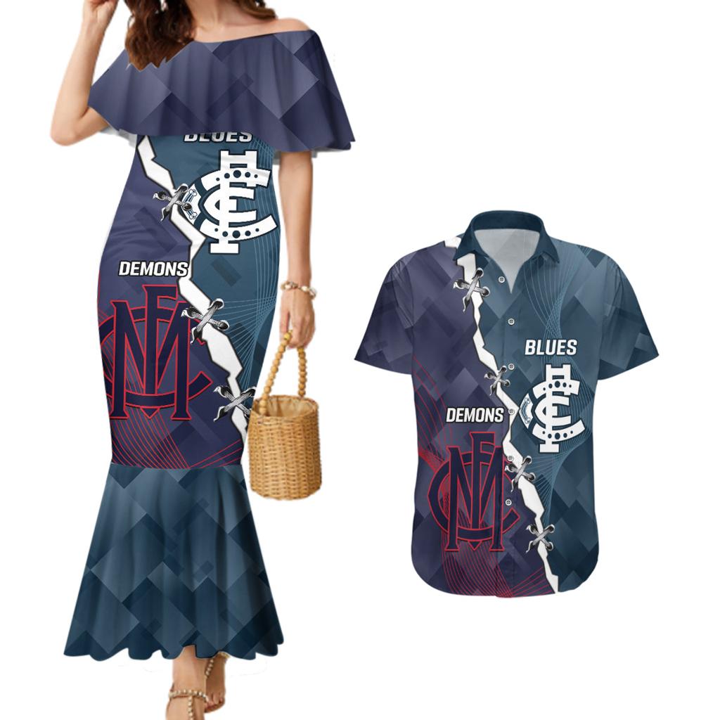 Personalised Demons And Blues Football Couples Matching Mermaid Dress and Hawaiian Shirt Sporty Version