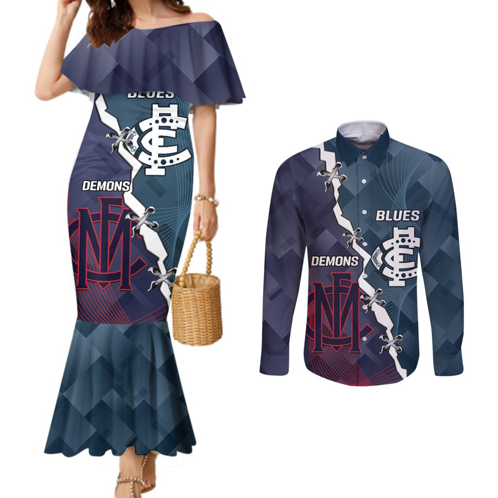 Personalised Demons And Blues Football Couples Matching Mermaid Dress and Long Sleeve Button Shirt Sporty Version