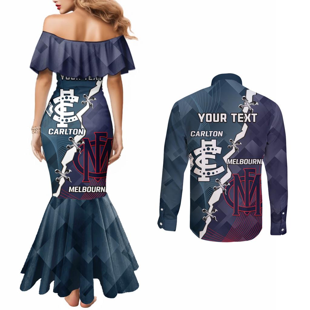 Personalised Demons And Blues Football Couples Matching Mermaid Dress and Long Sleeve Button Shirt Sporty Version