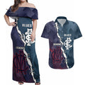 Personalised Demons And Blues Football Couples Matching Off Shoulder Maxi Dress and Hawaiian Shirt Sporty Version