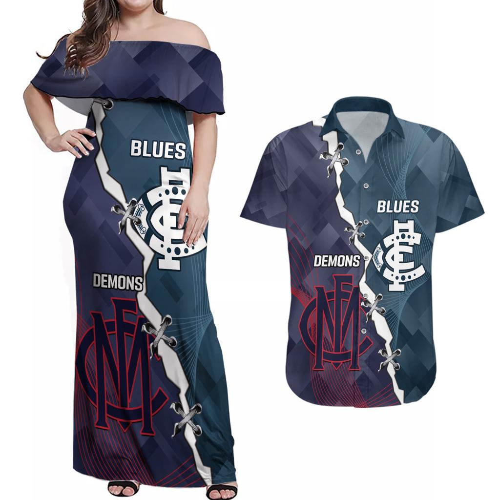 Personalised Demons And Blues Football Couples Matching Off Shoulder Maxi Dress and Hawaiian Shirt Sporty Version