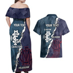Personalised Demons And Blues Football Couples Matching Off Shoulder Maxi Dress and Hawaiian Shirt Sporty Version