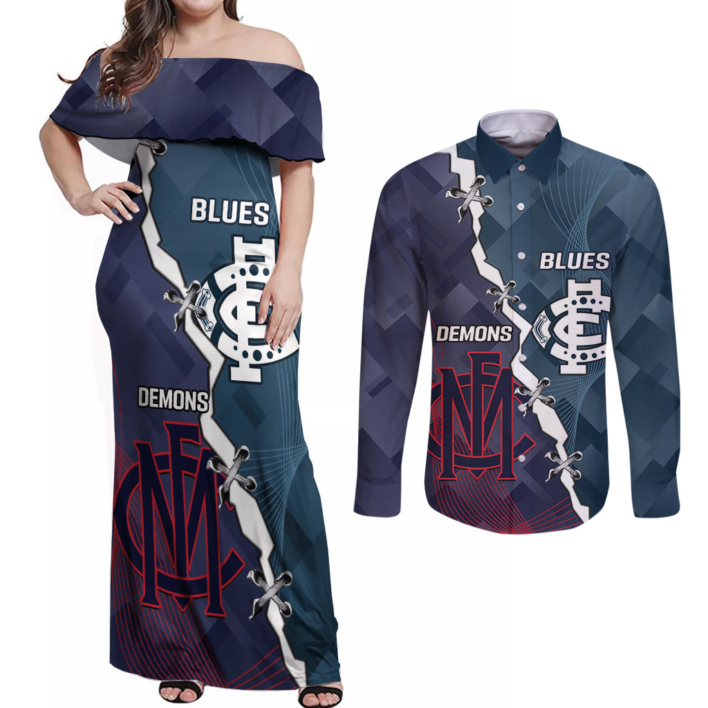 Personalised Demons And Blues Football Couples Matching Off Shoulder Maxi Dress and Long Sleeve Button Shirt Sporty Version