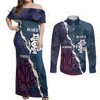 Personalised Demons And Blues Football Couples Matching Off Shoulder Maxi Dress and Long Sleeve Button Shirt Sporty Version