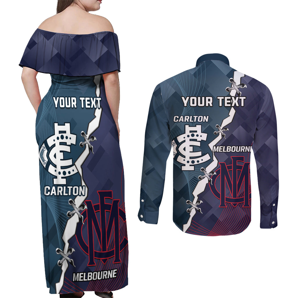 Personalised Demons And Blues Football Couples Matching Off Shoulder Maxi Dress and Long Sleeve Button Shirt Sporty Version