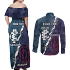 Personalised Demons And Blues Football Couples Matching Off Shoulder Maxi Dress and Long Sleeve Button Shirt Sporty Version