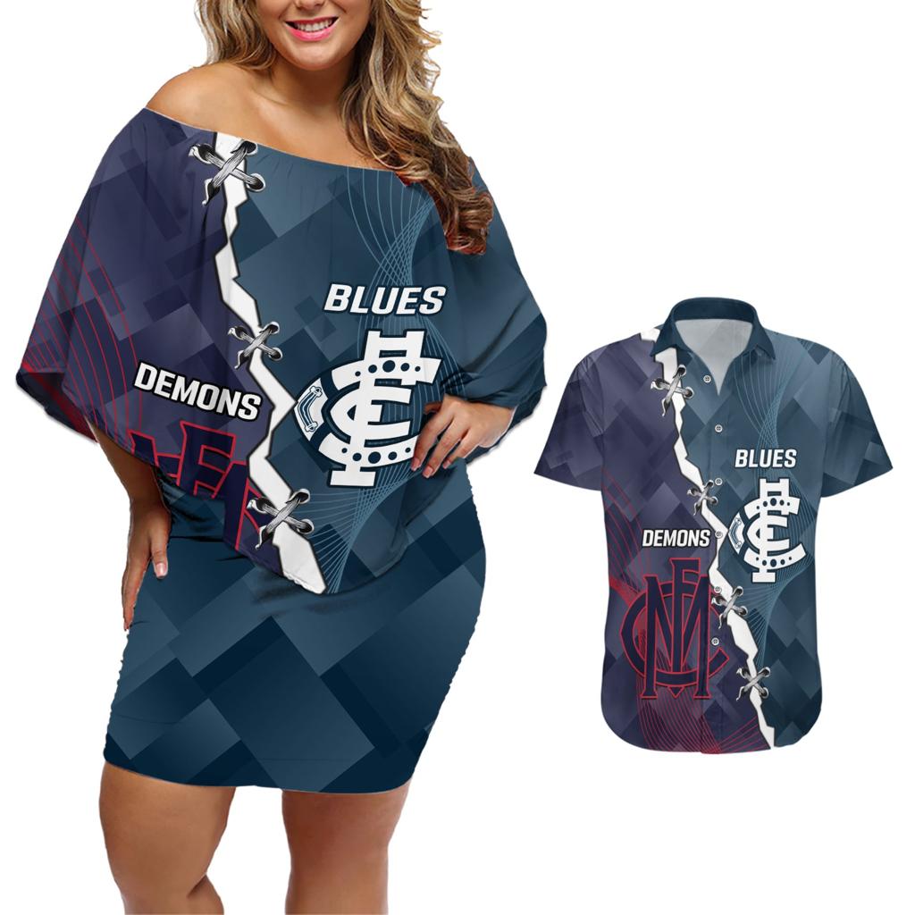 Personalised Demons And Blues Football Couples Matching Off Shoulder Short Dress and Hawaiian Shirt Sporty Version