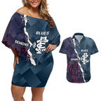 Personalised Demons And Blues Football Couples Matching Off Shoulder Short Dress and Hawaiian Shirt Sporty Version