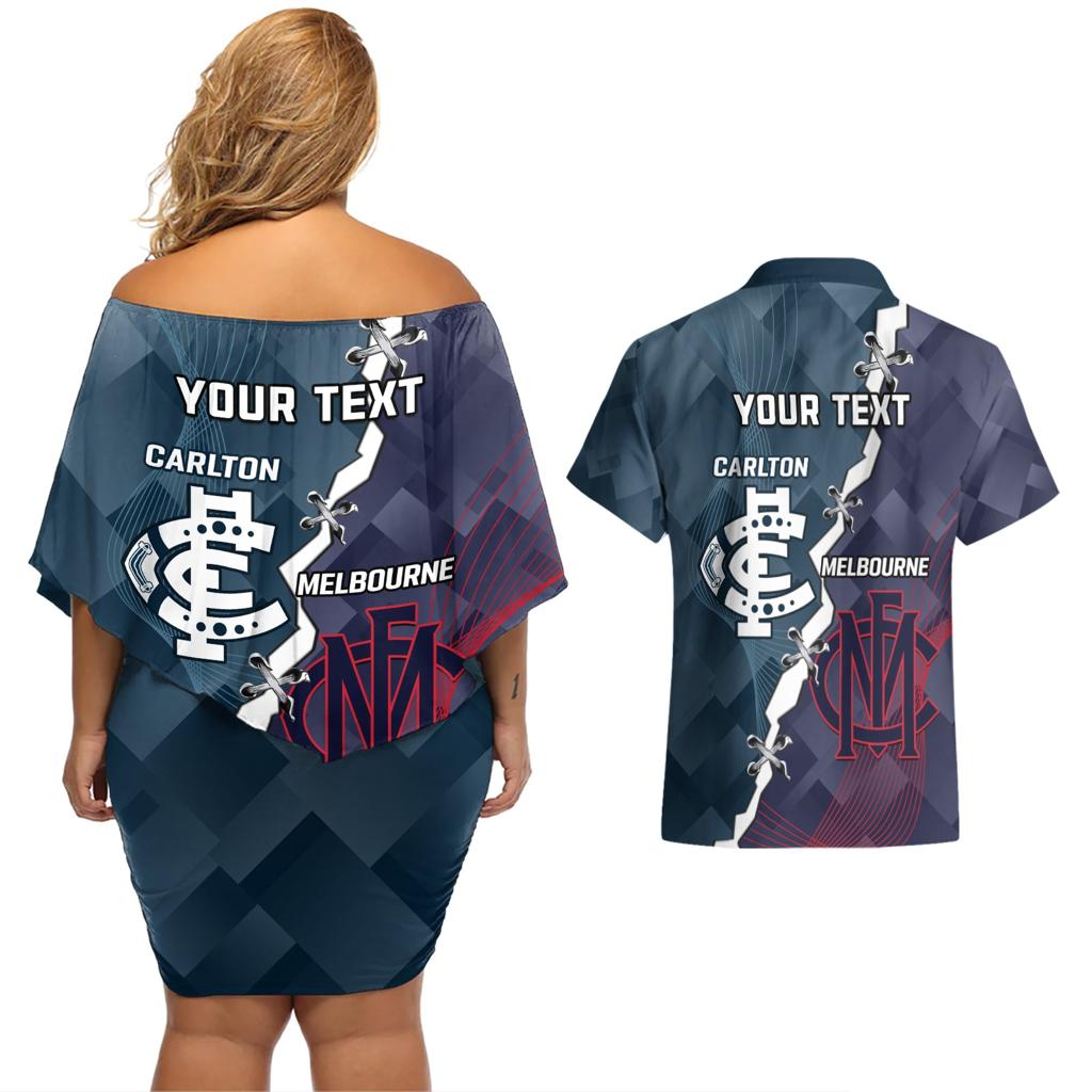 Personalised Demons And Blues Football Couples Matching Off Shoulder Short Dress and Hawaiian Shirt Sporty Version