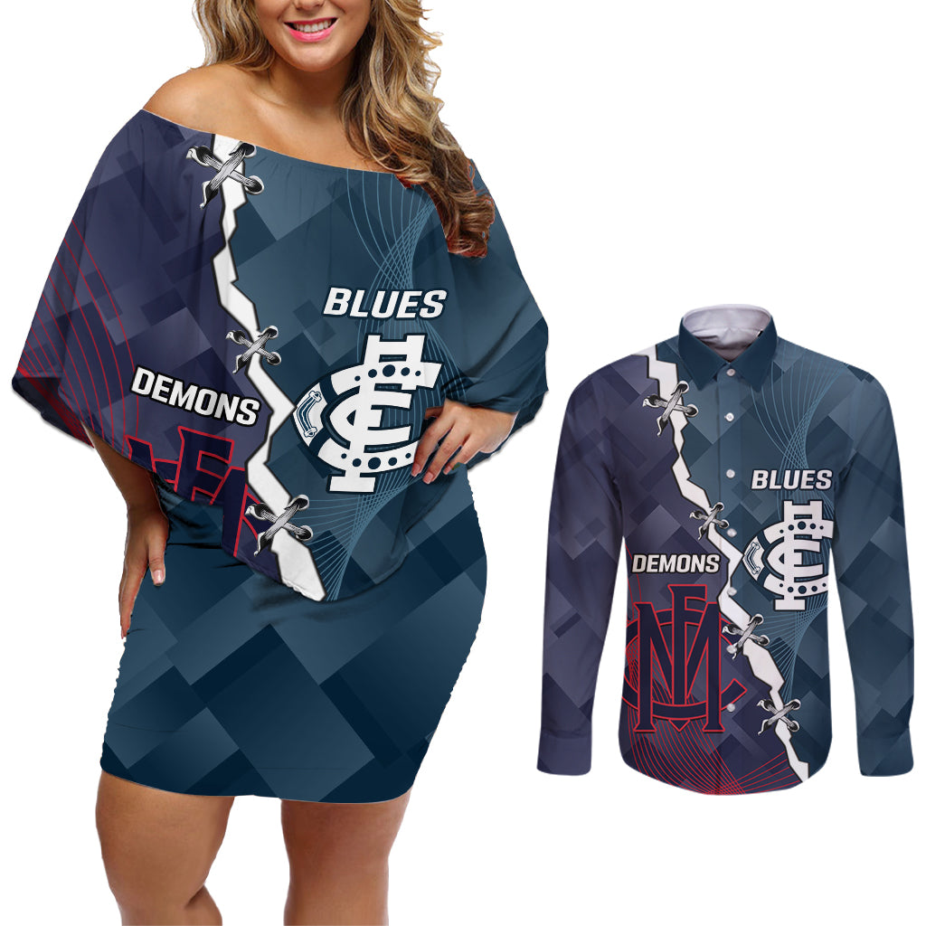 Personalised Demons And Blues Football Couples Matching Off Shoulder Short Dress and Long Sleeve Button Shirt Sporty Version