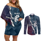 Personalised Demons And Blues Football Couples Matching Off Shoulder Short Dress and Long Sleeve Button Shirt Sporty Version