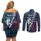 Personalised Demons And Blues Football Couples Matching Off Shoulder Short Dress and Long Sleeve Button Shirt Sporty Version