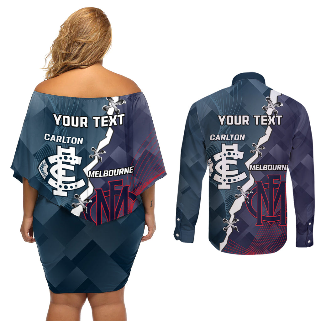 Personalised Demons And Blues Football Couples Matching Off Shoulder Short Dress and Long Sleeve Button Shirt Sporty Version