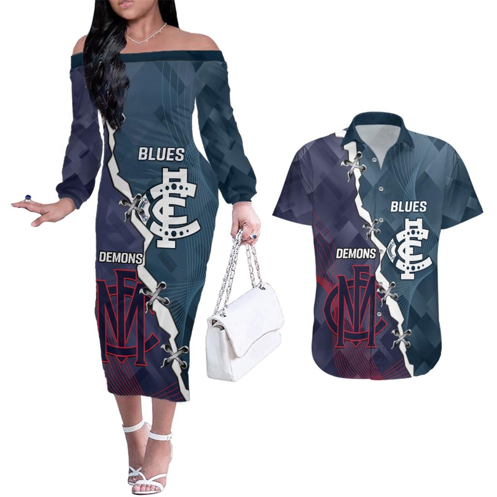 Personalised Demons And Blues Football Couples Matching Off The Shoulder Long Sleeve Dress and Hawaiian Shirt Sporty Version