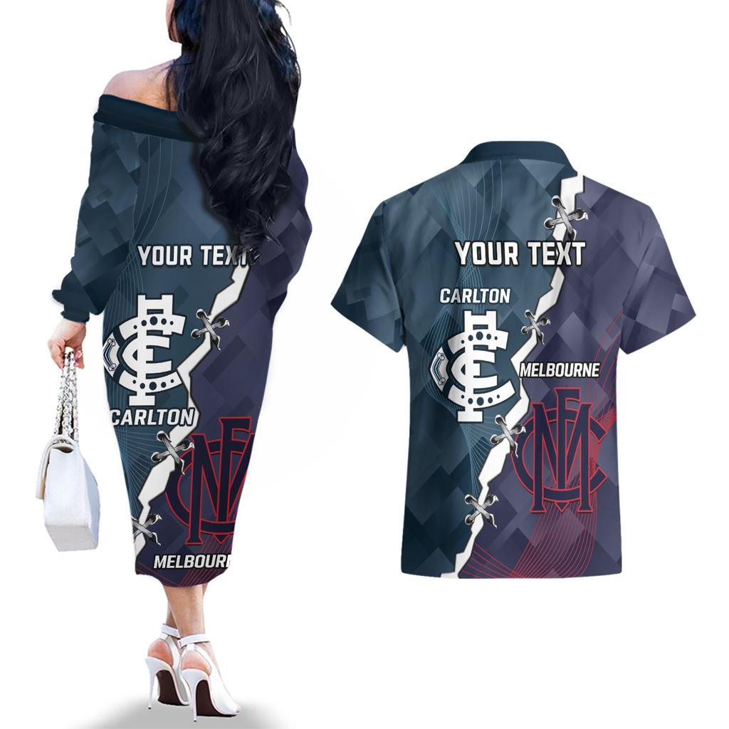 Personalised Demons And Blues Football Couples Matching Off The Shoulder Long Sleeve Dress and Hawaiian Shirt Sporty Version