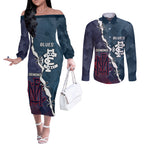 Personalised Demons And Blues Football Couples Matching Off The Shoulder Long Sleeve Dress and Long Sleeve Button Shirt Sporty Version