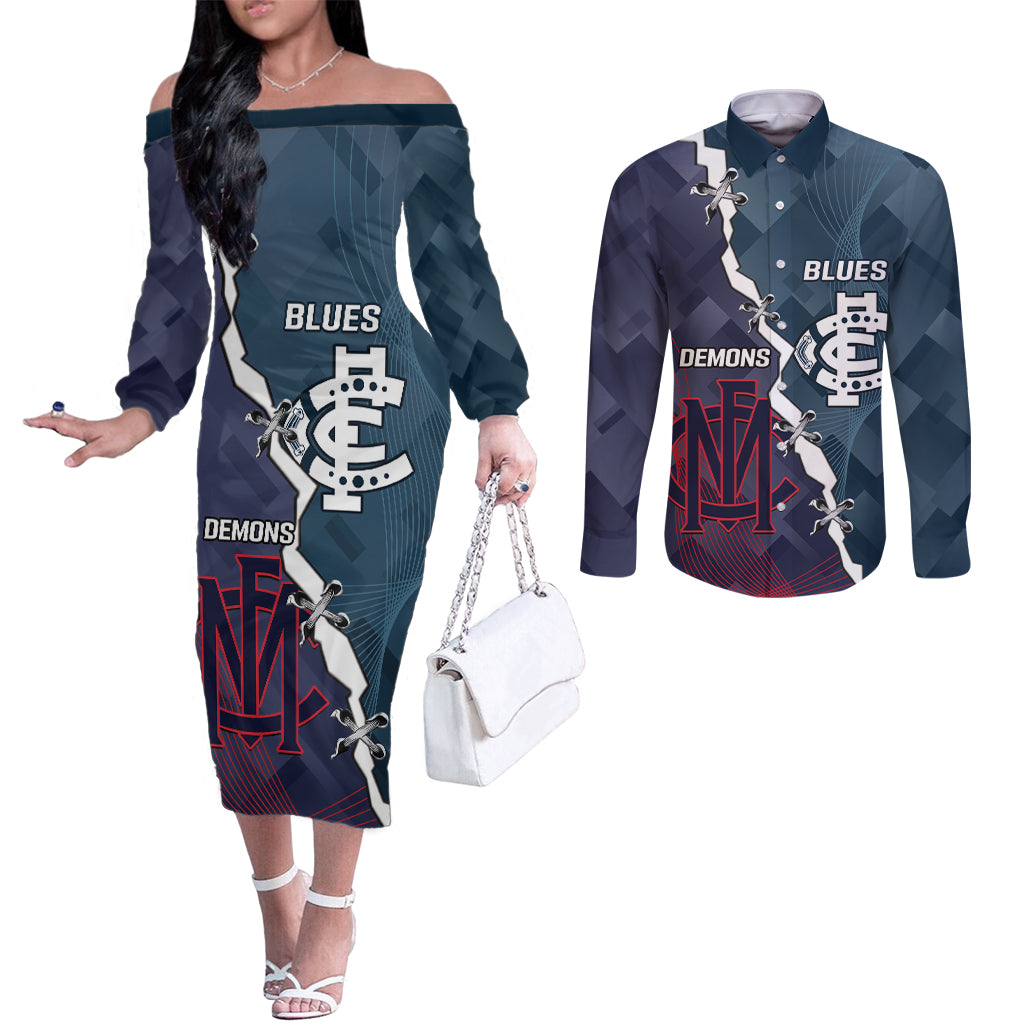 Personalised Demons And Blues Football Couples Matching Off The Shoulder Long Sleeve Dress and Long Sleeve Button Shirt Sporty Version