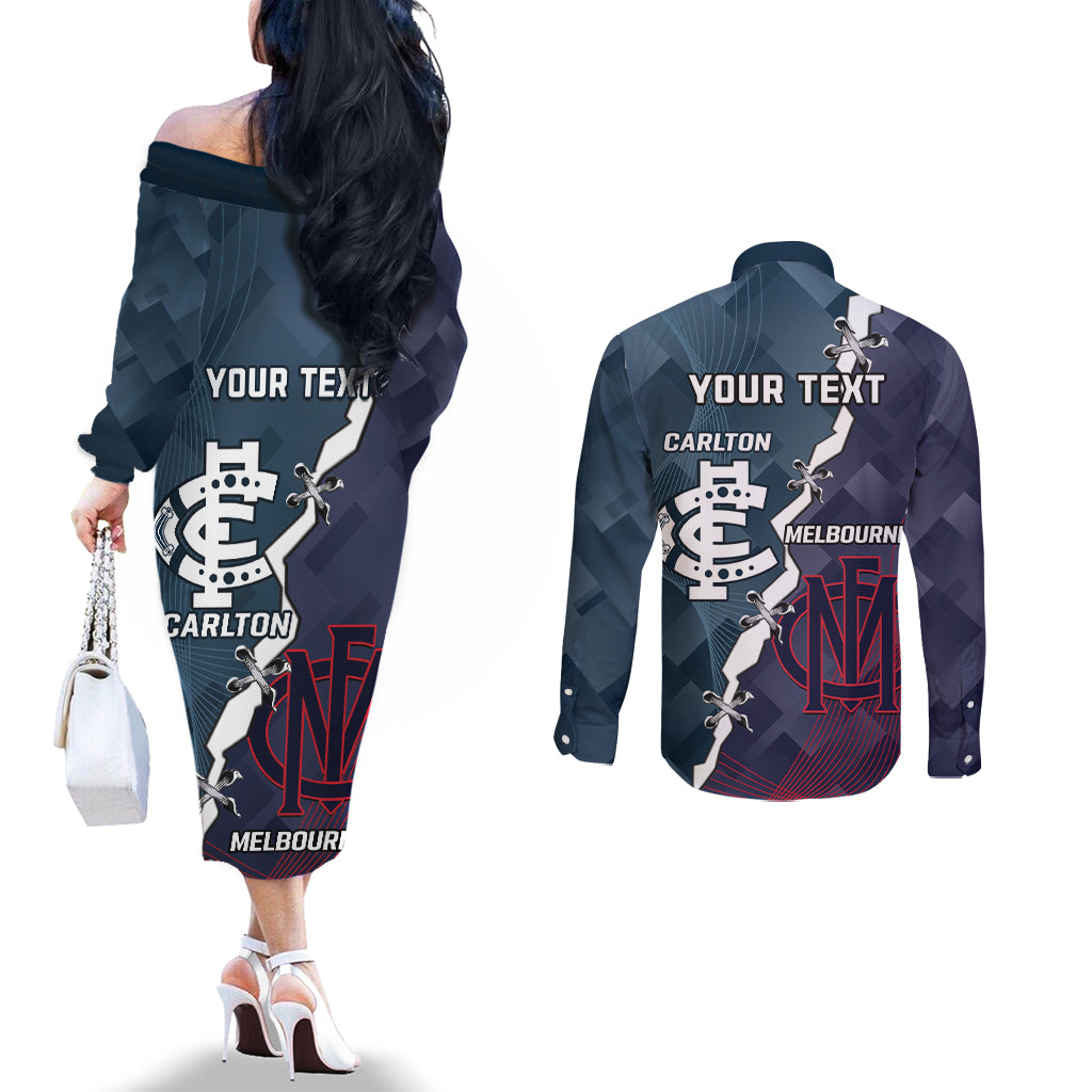 Personalised Demons And Blues Football Couples Matching Off The Shoulder Long Sleeve Dress and Long Sleeve Button Shirt Sporty Version