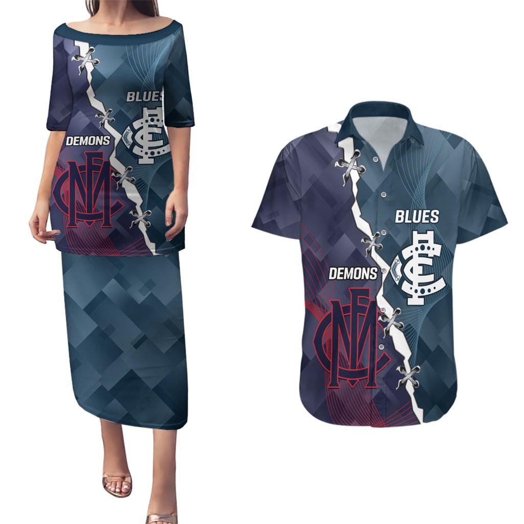 Personalised Demons And Blues Football Couples Matching Puletasi and Hawaiian Shirt Sporty Version