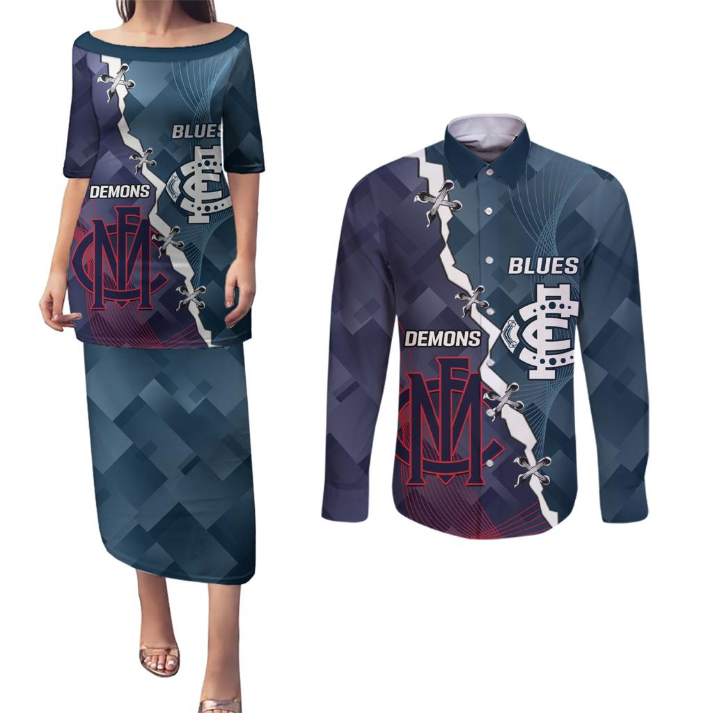 Personalised Demons And Blues Football Couples Matching Puletasi and Long Sleeve Button Shirt Sporty Version
