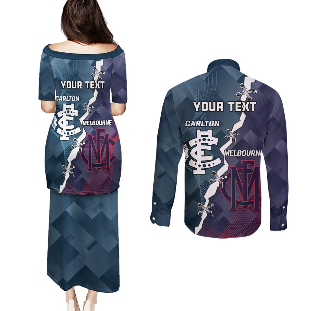 Personalised Demons And Blues Football Couples Matching Puletasi and Long Sleeve Button Shirt Sporty Version
