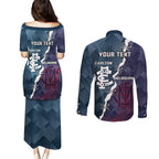 Personalised Demons And Blues Football Couples Matching Puletasi and Long Sleeve Button Shirt Sporty Version
