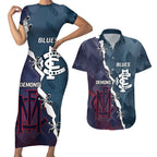 Personalised Demons And Blues Football Couples Matching Short Sleeve Bodycon Dress and Hawaiian Shirt Sporty Version