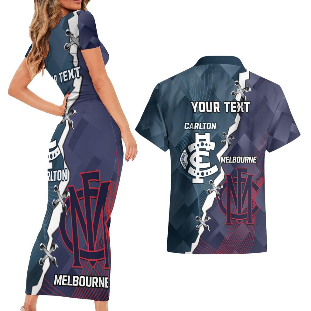 Personalised Demons And Blues Football Couples Matching Short Sleeve Bodycon Dress and Hawaiian Shirt Sporty Version
