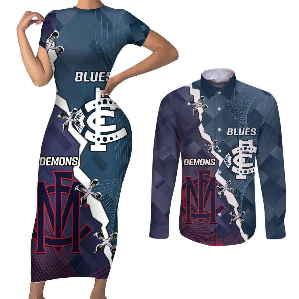 Personalised Demons And Blues Football Couples Matching Short Sleeve Bodycon Dress and Long Sleeve Button Shirt Sporty Version