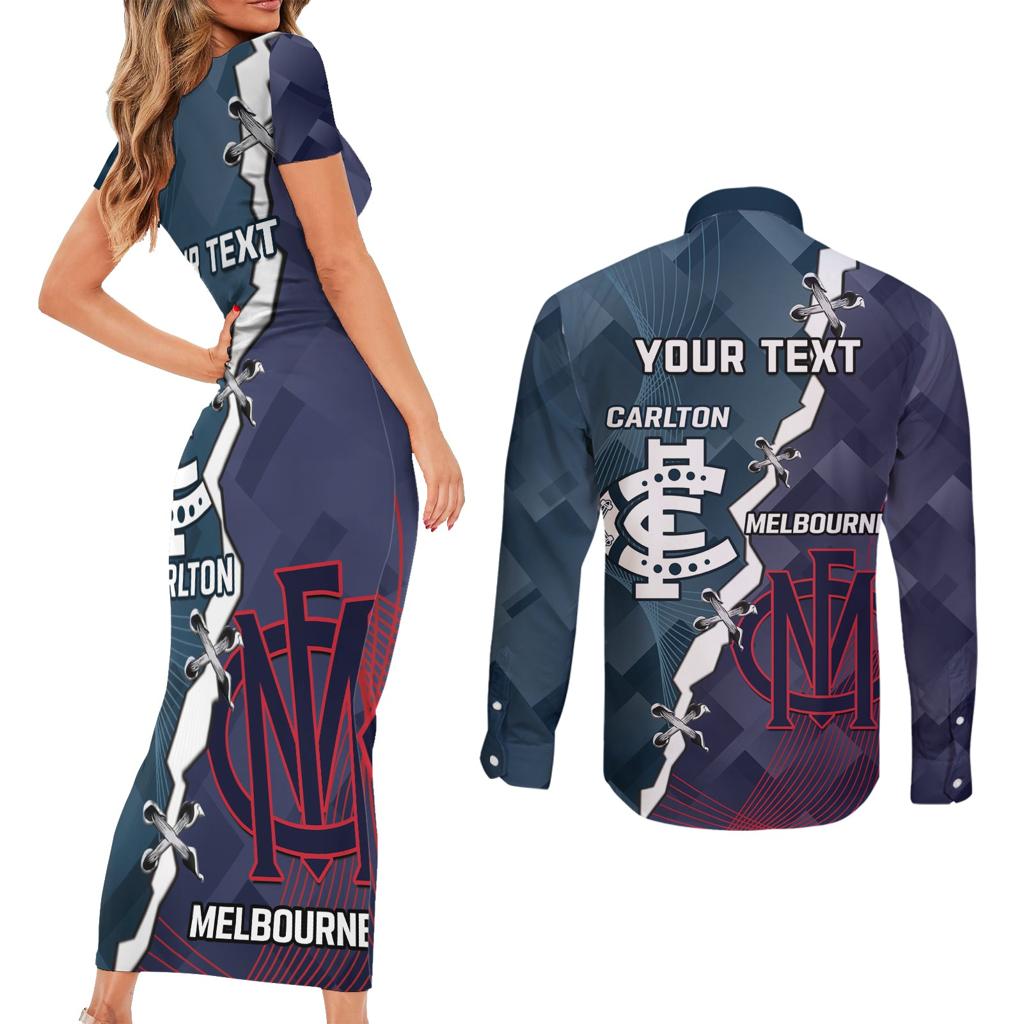Personalised Demons And Blues Football Couples Matching Short Sleeve Bodycon Dress and Long Sleeve Button Shirt Sporty Version