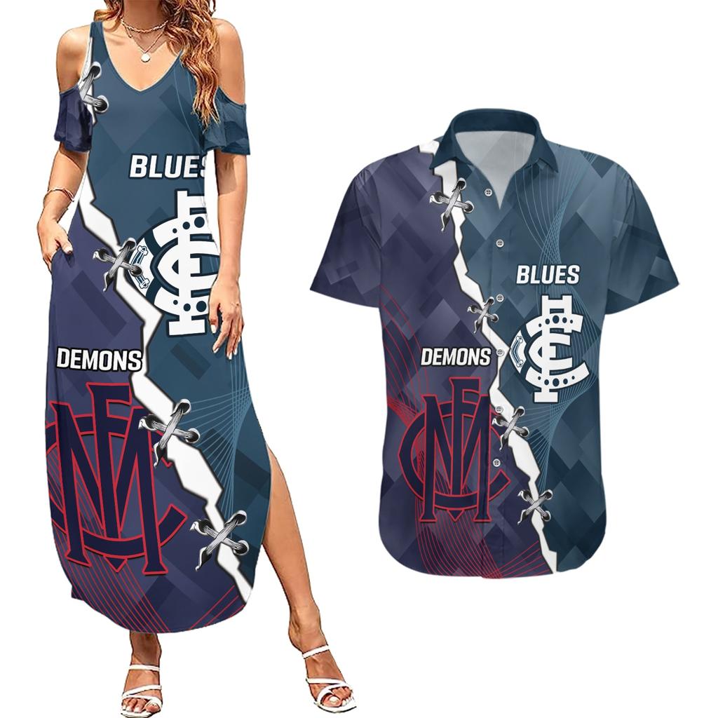Personalised Demons And Blues Football Couples Matching Summer Maxi Dress and Hawaiian Shirt Sporty Version