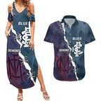 Personalised Demons And Blues Football Couples Matching Summer Maxi Dress and Hawaiian Shirt Sporty Version