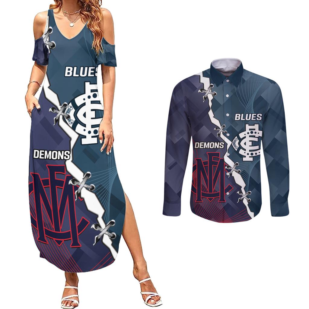Personalised Demons And Blues Football Couples Matching Summer Maxi Dress and Long Sleeve Button Shirt Sporty Version