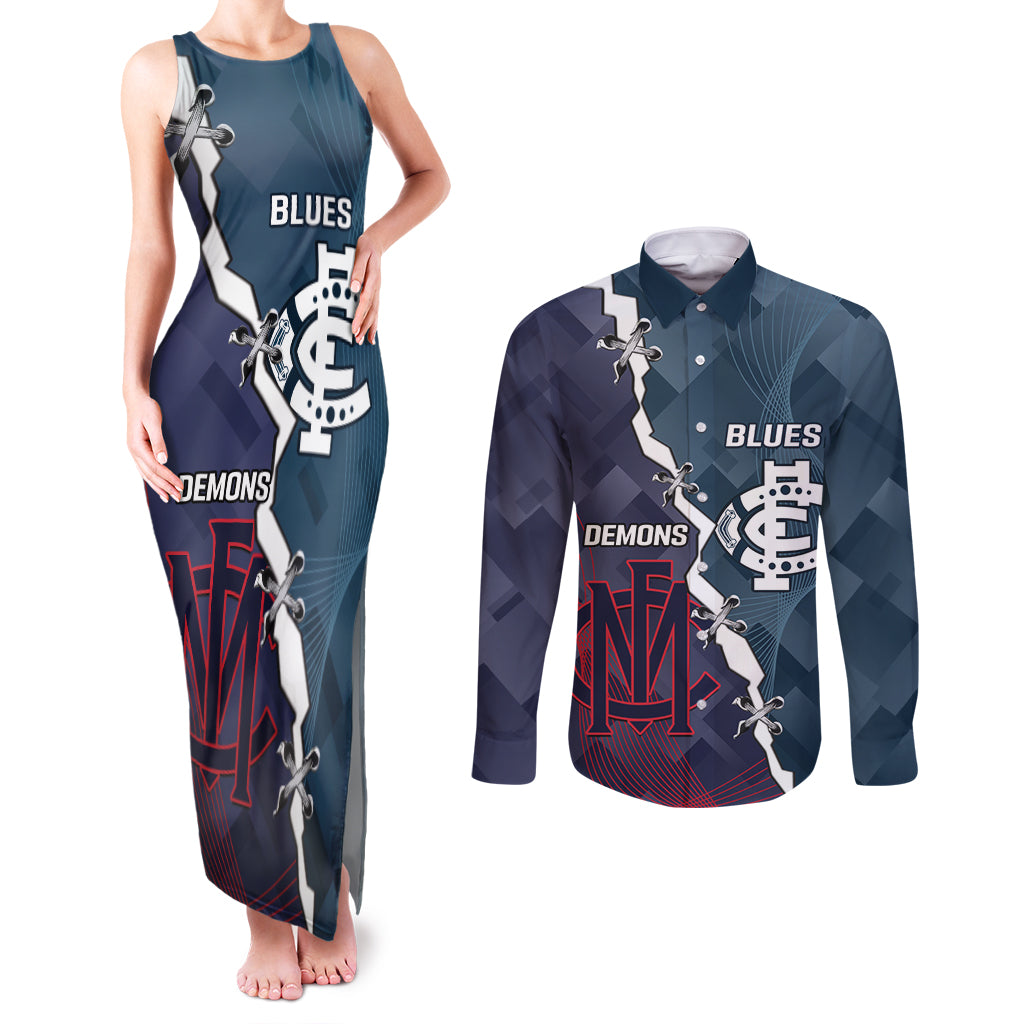 Personalised Demons And Blues Football Couples Matching Tank Maxi Dress and Long Sleeve Button Shirt Sporty Version