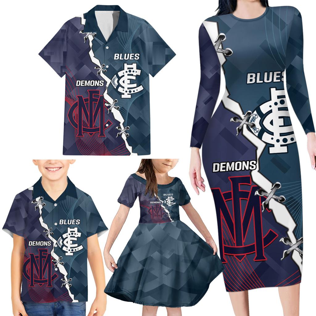 Personalised Demons And Blues Football Family Matching Long Sleeve Bodycon Dress and Hawaiian Shirt Sporty Version