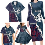 Personalised Demons And Blues Football Family Matching Long Sleeve Bodycon Dress and Hawaiian Shirt Sporty Version