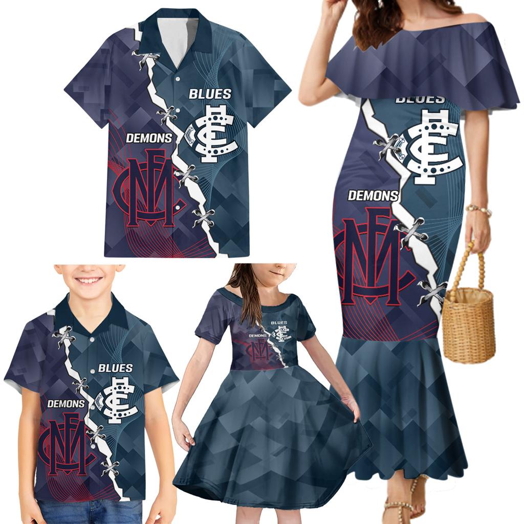 Personalised Demons And Blues Football Family Matching Mermaid Dress and Hawaiian Shirt Sporty Version