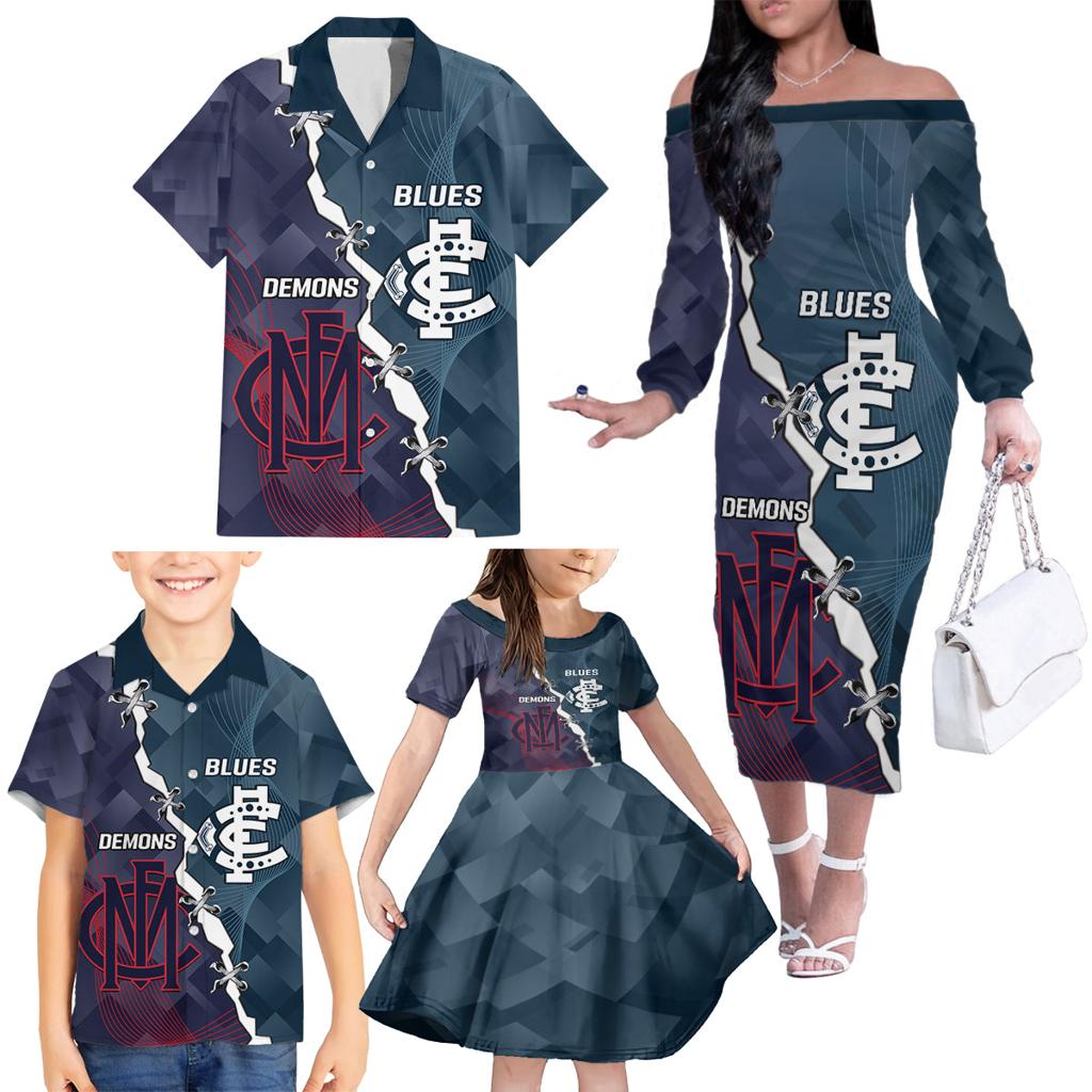 Personalised Demons And Blues Football Family Matching Off The Shoulder Long Sleeve Dress and Hawaiian Shirt Sporty Version