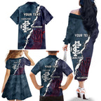 Personalised Demons And Blues Football Family Matching Off The Shoulder Long Sleeve Dress and Hawaiian Shirt Sporty Version