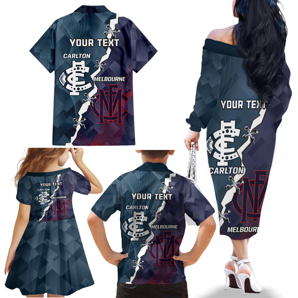 Personalised Demons And Blues Football Family Matching Off The Shoulder Long Sleeve Dress and Hawaiian Shirt Sporty Version