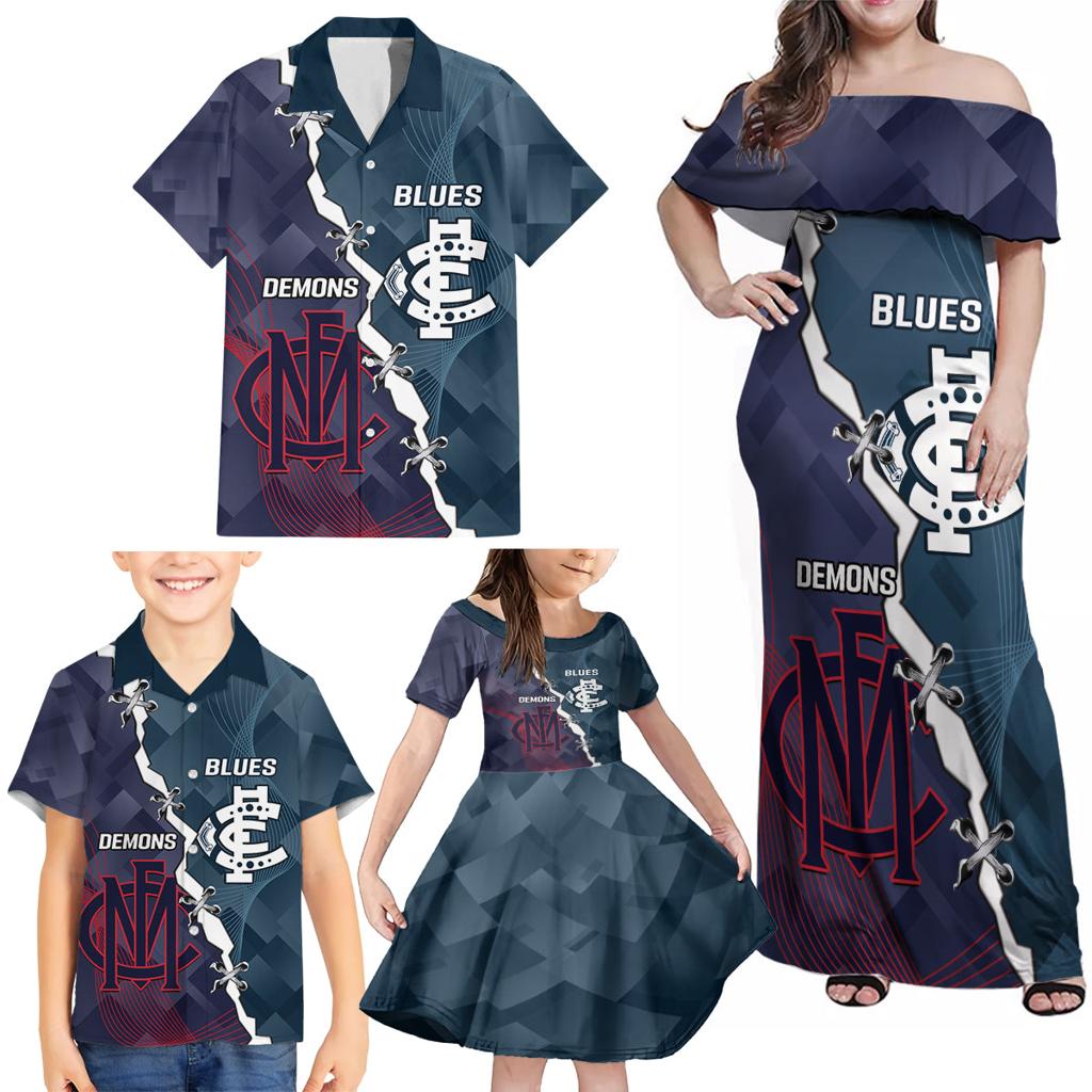 Personalised Demons And Blues Football Family Matching Off Shoulder Maxi Dress and Hawaiian Shirt Sporty Version