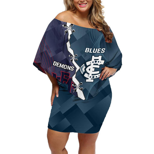 Personalised Demons And Blues Football Family Matching Off Shoulder Short Dress and Hawaiian Shirt Sporty Version