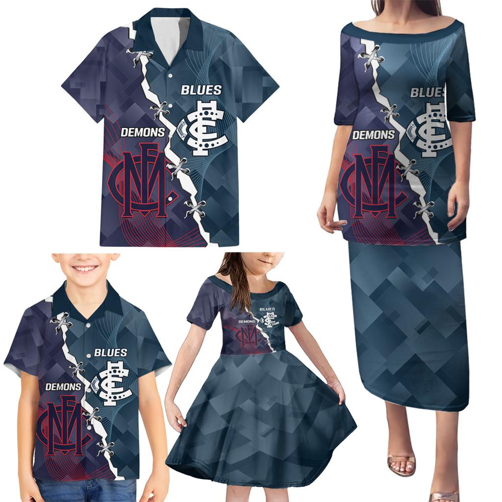 Personalised Demons And Blues Football Family Matching Puletasi and Hawaiian Shirt Sporty Version