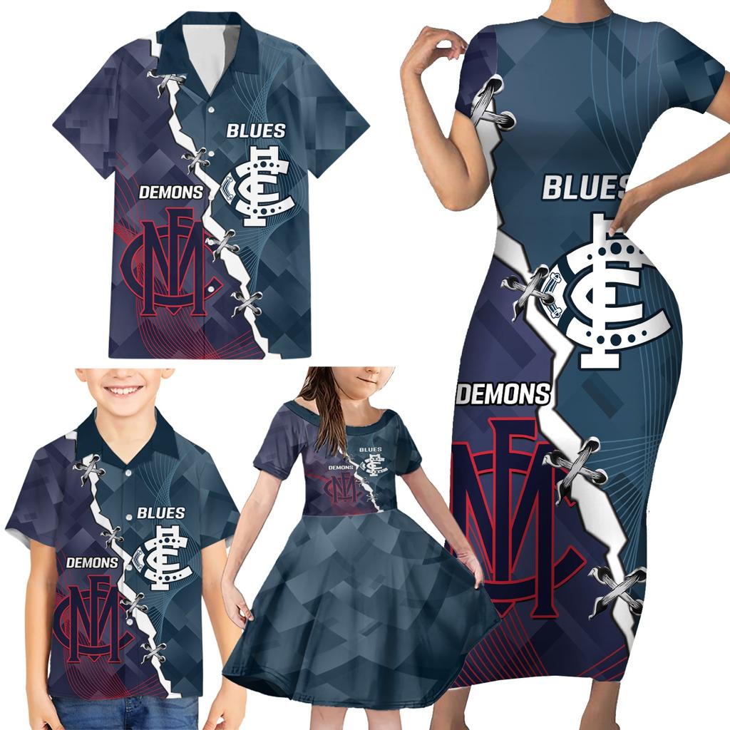 Personalised Demons And Blues Football Family Matching Short Sleeve Bodycon Dress and Hawaiian Shirt Sporty Version