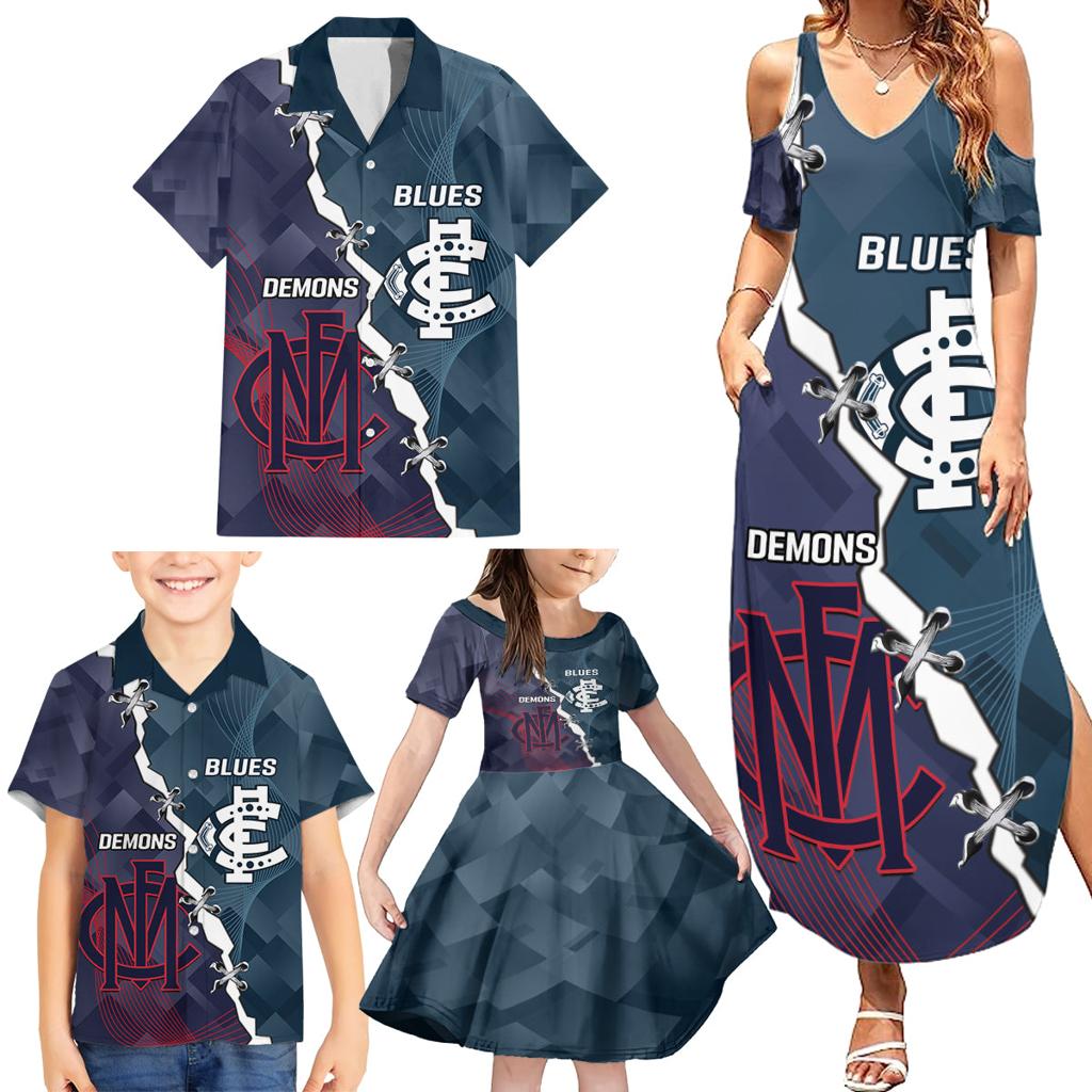 Personalised Demons And Blues Football Family Matching Summer Maxi Dress and Hawaiian Shirt Sporty Version