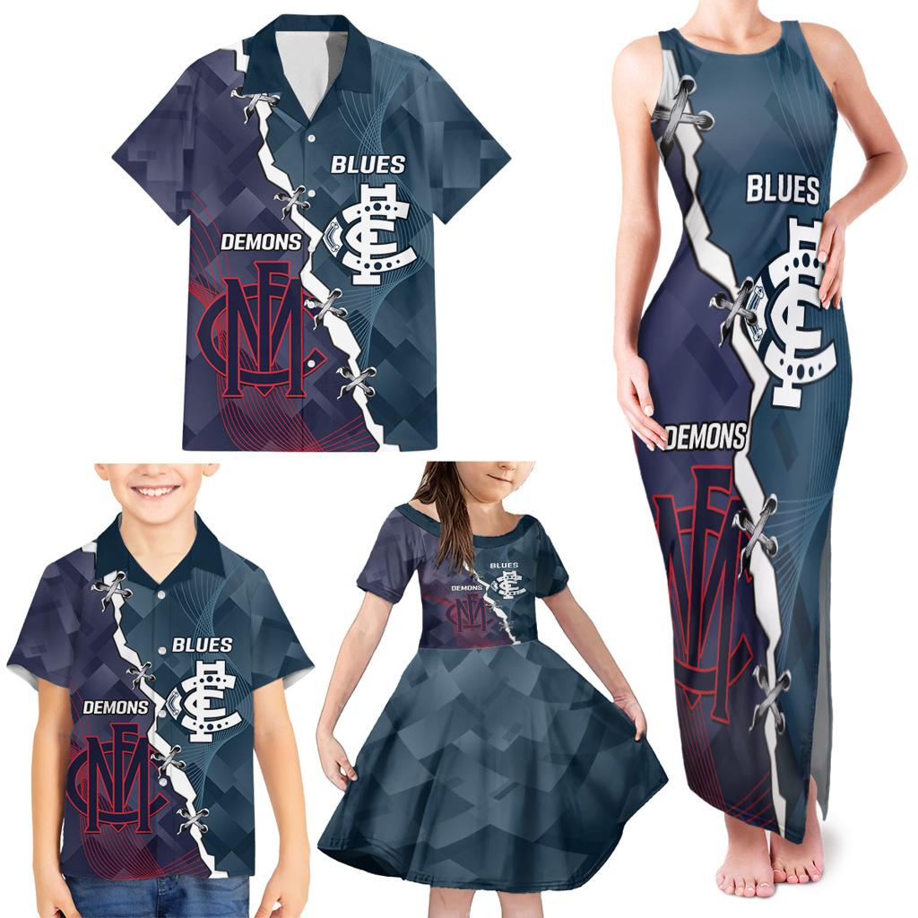 Personalised Demons And Blues Football Family Matching Tank Maxi Dress and Hawaiian Shirt Sporty Version