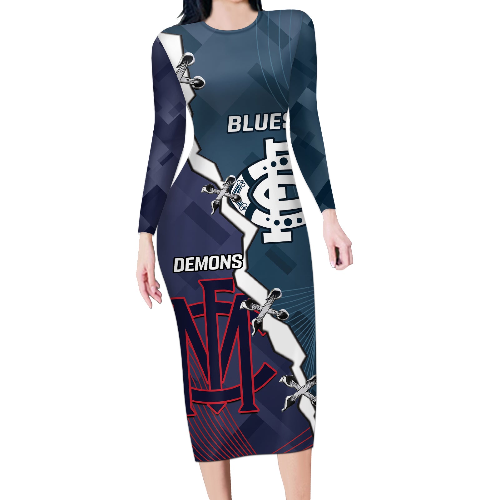 Personalised Demons And Blues Football Long Sleeve Bodycon Dress Sporty Version