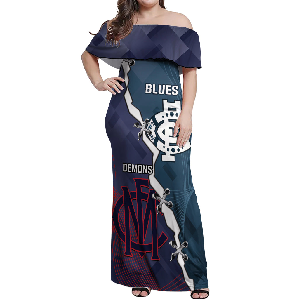 Personalised Demons And Blues Football Off Shoulder Maxi Dress Sporty Version