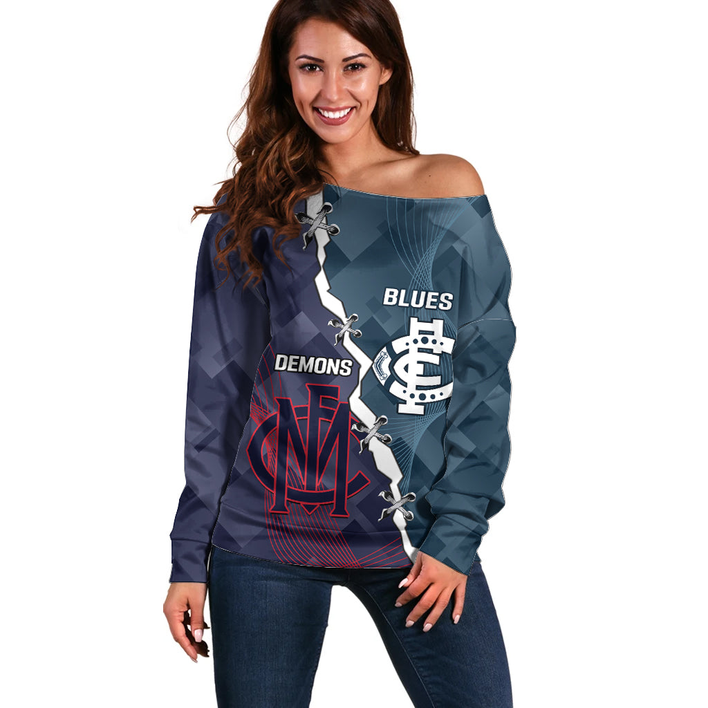 Personalised Demons And Blues Football Off Shoulder Sweater Sporty Version