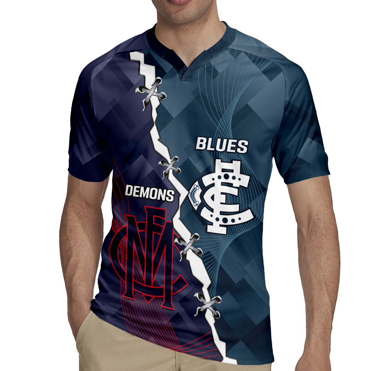 Personalised Demons And Blues Football Rugby Jersey Sporty Version